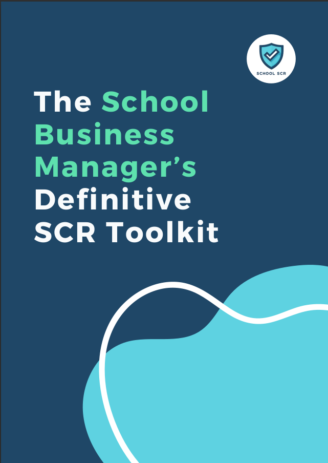 The cover of School SCR's free downloadable business guide for school business managers. It has a blue background with a white and green header stating 'The School Business Manager's Definitive SCR Toolkit'. The School SCR logo is on the top right of the cover.